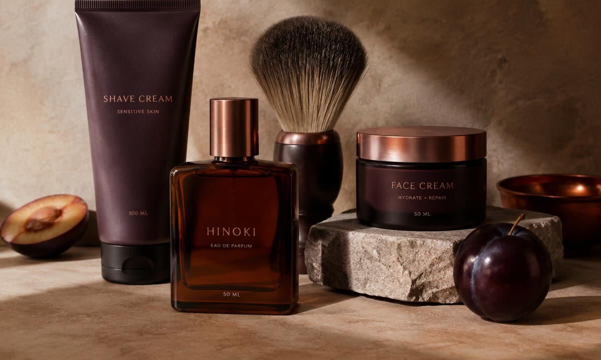 Men's grooming still life with shave cream, fragrance bottle, shaving brush and face cream on warm stone